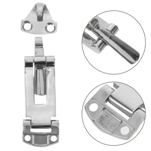 Front view of POPETPOP stainless steel toolbox latch with chrome finish and mounting holes.