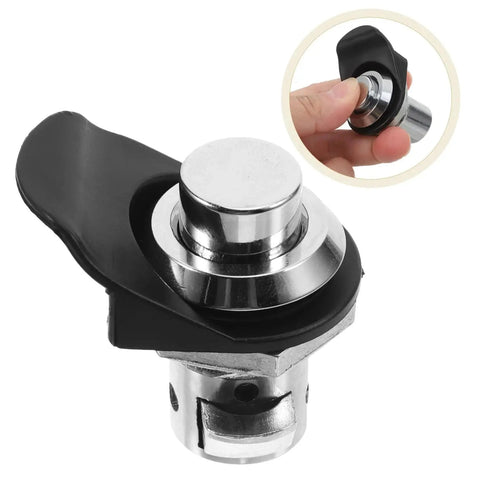 Push-close latch for electrical boxes; adjustable round chrome push button with black housing, marine-grade cabinet/boat latch.