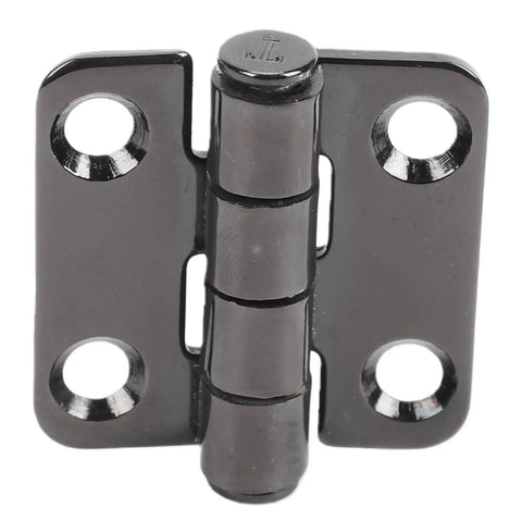 AKLOSIPY front-view stainless steel butt hinge, 38x38 mm, black finish, two screw holes per leaf.