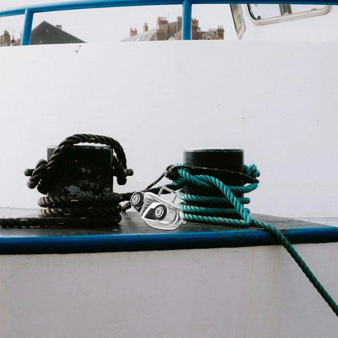Holibanna stainless steel cam cleat on boat deck with two rope coils black and teal