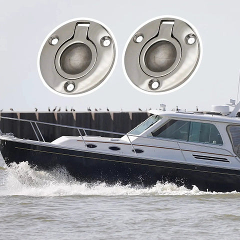 Pair of round stainless steel deck hatch fittings for 50-60mm hatches with anti-slip handle and butterfly bolt lock