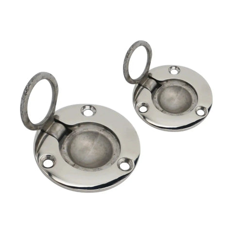 Round deck hatch hardware with hinged ring handles, stainless steel, front view, for 50–60 mm marine hatches (pair)