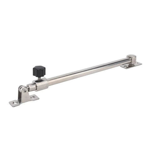 Side view of stainless steel boat hatch window adjuster with black knob; 248–432 mm adjustable telescoping hatch support.