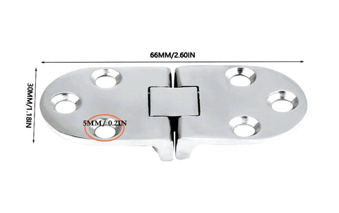 Marine Grade Stainless Steel 316 hidden folding table hinge, 66mm x 30mm, 180 degree turn, for cabinets and doors, polished finish.