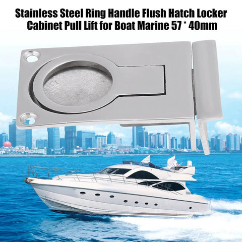 Stainless steel ring-handle flush hatch lock for boat cabinets; mirror-polished, 316 marine grade