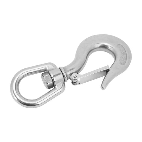 Front view of 1.3in stainless steel rotating clevis slip hook with safety latch and 360-degree rotation for marine lifting.