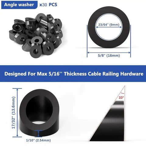 Marine Grade Stainless Steel Angle Beveled Washer 0.35 Inch ID For 5/16 Cable dimensions and design details displayed.