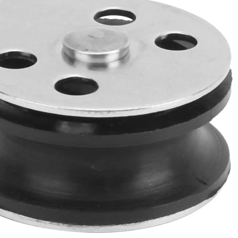 Close-up of a stainless steel bearing wheel pulley with a black wheel; 25mm size, marine-grade 304