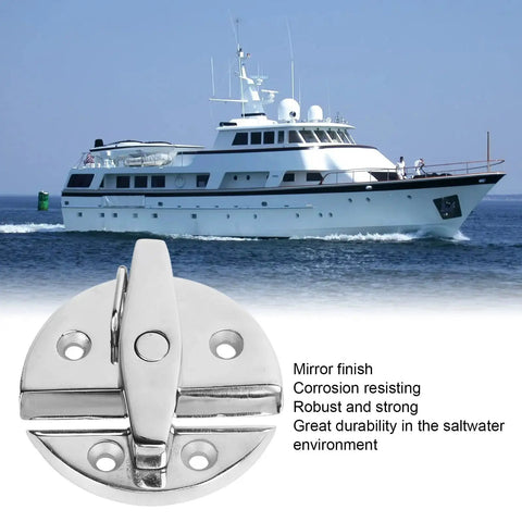 Close-up view of round marine-grade stainless steel boat twist latch with mirror finish and mounting holes