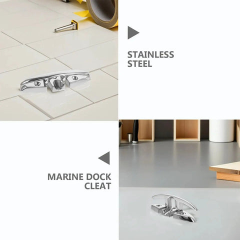 Two 5-inch stainless steel folding boat dock cleats (316 SS) for rope mooring.
