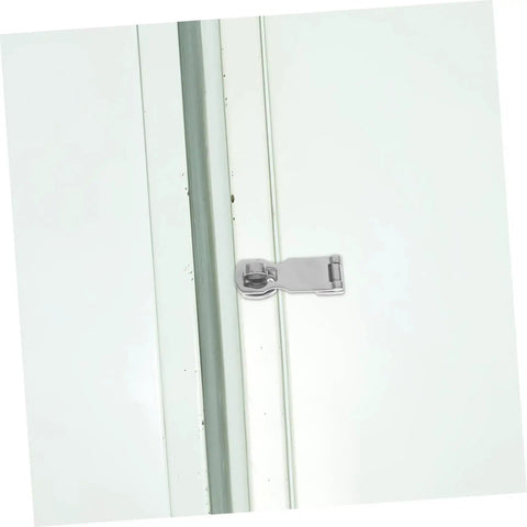 Stainless steel door latch hasp mounted on white door frame; marine-grade heavy-duty hardware.