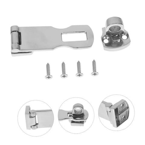 Stainless steel boat door latch hasp with mounting plate and 4 screws; marine-grade yacht hardware kit.