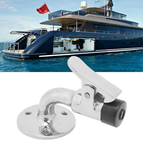 Door stopper latch set, marine-grade 316 stainless steel with chrome finish, boat/yacht use, close-up