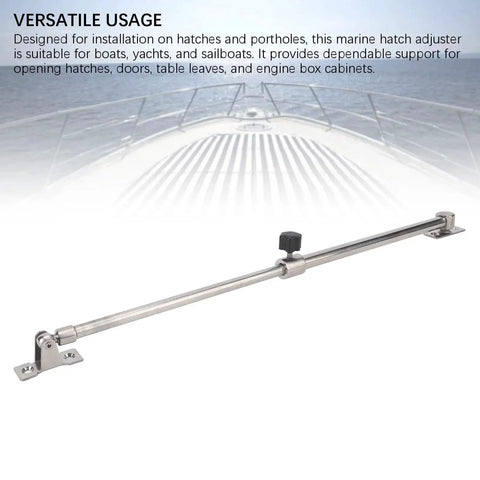 Side view of OVAQUIXI stainless steel boat hatch window adjuster with end brackets and center knob; adjustable 9.8–17 in.