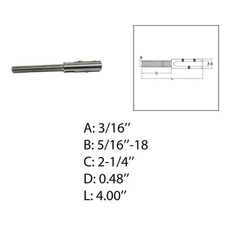 Image of Set Screw Stud For 3 Sixteenth Cable Wire Marine Grade Stainless Steel Four Inch with dimensions and technical diagram.