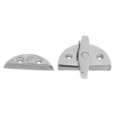 Two-piece round turn-button twist latch in mirror-finish marine-grade stainless steel; front and side views for hatches.