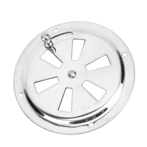 Front view of round 4-inch stainless steel marine vent grille backplate with side knob