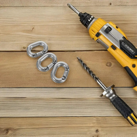3pc 8mm stainless steel quick link connectors with locking mechanism, top-down view on a wooden work surface