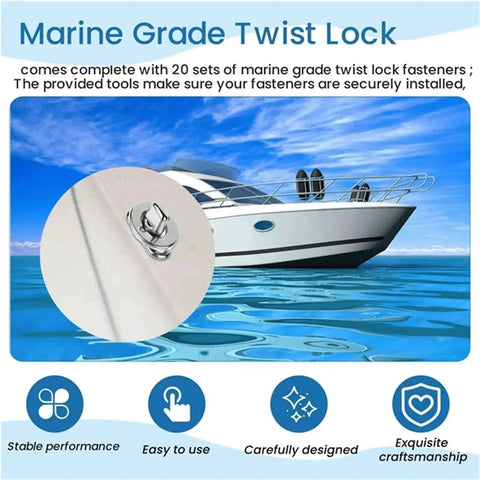 Twist lock fasteners for canvas; marine-grade stainless steel turn buttons on a white circular disc
