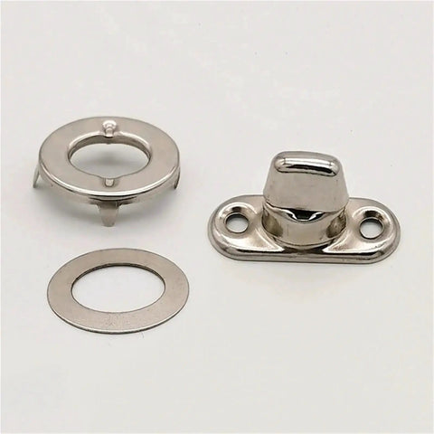 Three-piece stainless steel twist-lock fastener set with base plate, eyelet ring, and washer