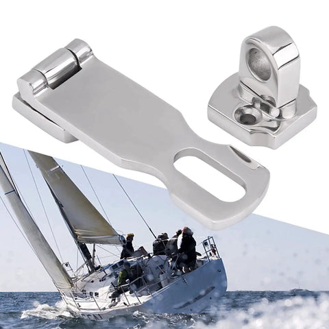 Front view of two 75mm stainless steel boat hatch latch components with mounting base
