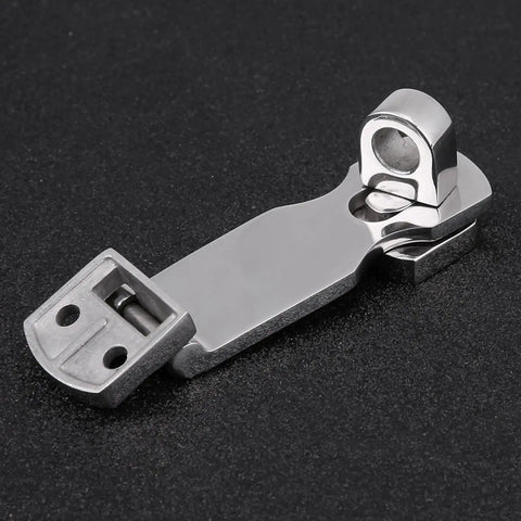 Close-up of 75mm stainless steel boat locker latch clamp with mounting base and latch knob