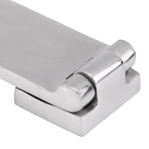 Close-up of stainless steel boat locker latch clamp on a marine hatch.