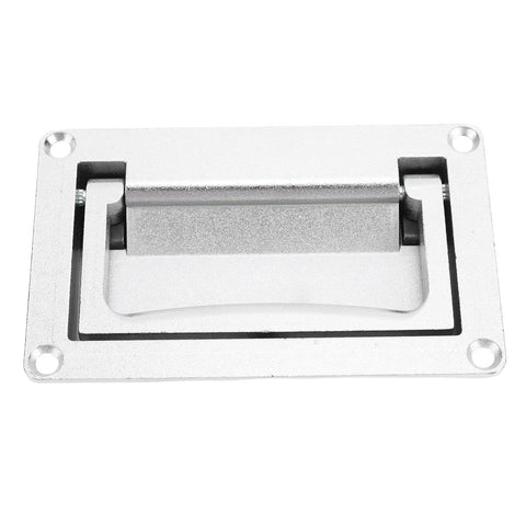 Recessed hatch handle with a spring-loaded zinc alloy flush-mount pull on a silver mounting plate with four screw holes.