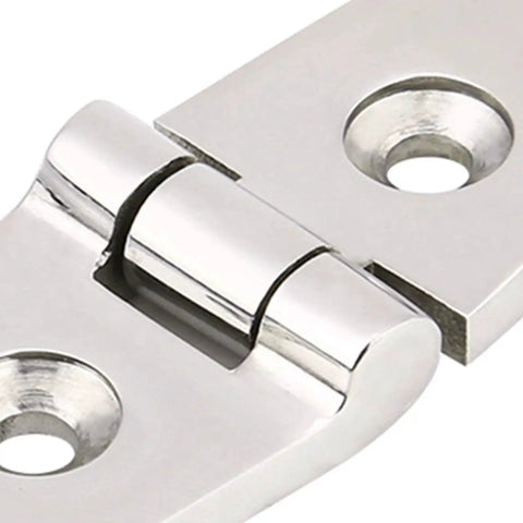 Close-up of a 316 stainless steel marine hatch hinge with a mirror-polished finish and locking mechanism.