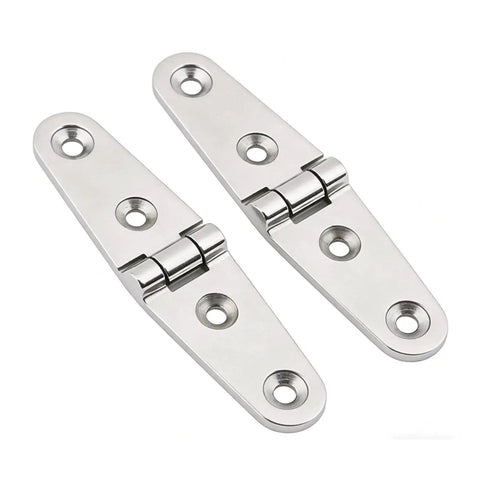 Front view of two mirror-polished 316 stainless steel marine hatch hinges with screw holes