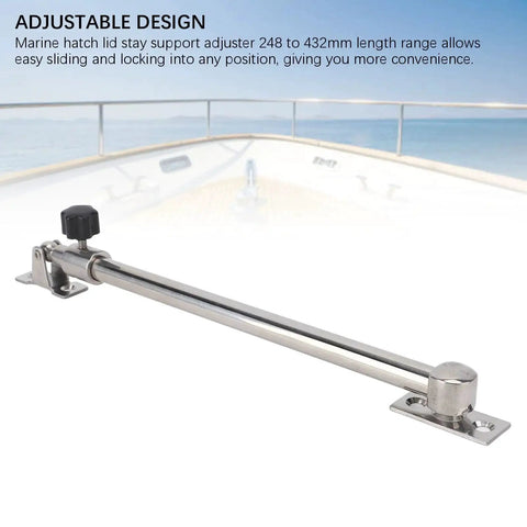 Stainless steel boat hatch lid stay support with adjustable rod, 248–432mm, side view