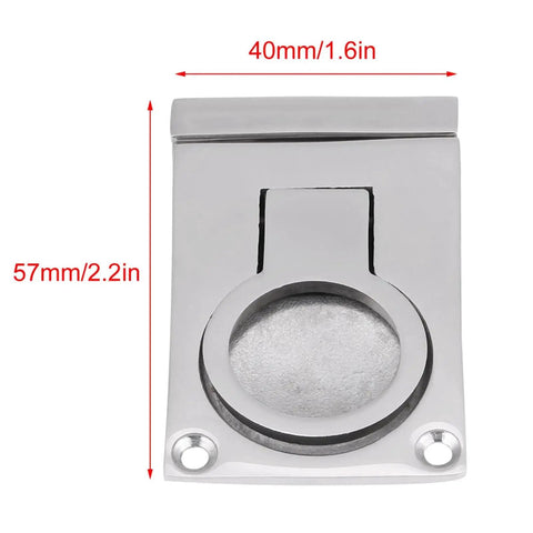 Front view of KAIXINM stainless steel ring-handle flush hatch latch, 316 marine-grade, mirror-polished; 40mm wide, 57mm tall.