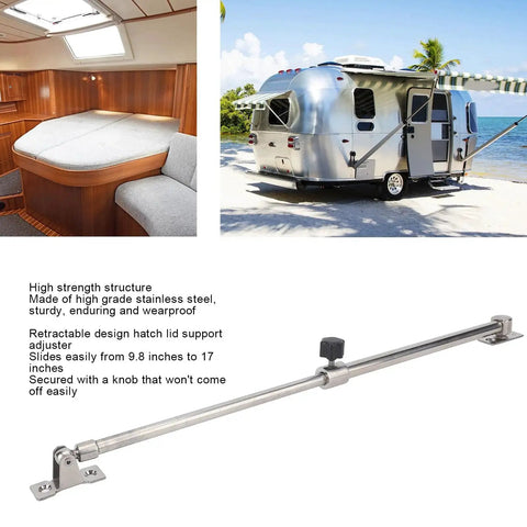 Stainless steel adjustable boat hatch lid support bar with end mounting brackets and adjustment knob, 9.8–17 inches