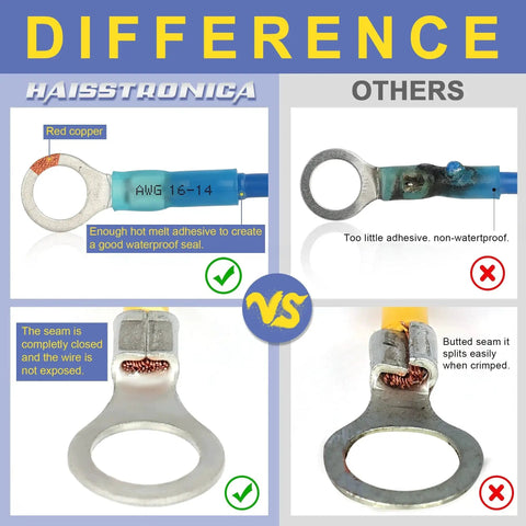 Comparison of Marine Grade Heat Shrink Wire Connectors Kit with others; shows differences in adhesive and seam quality.