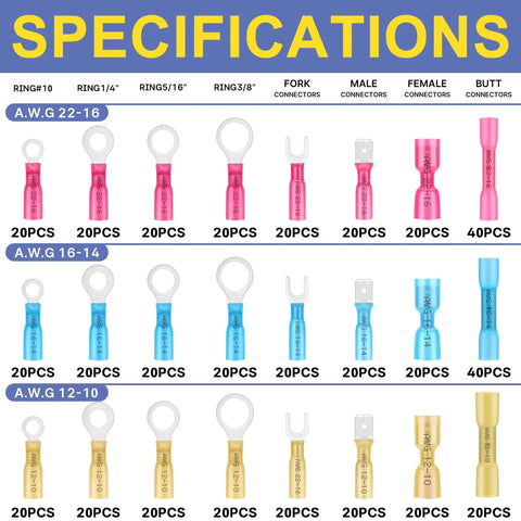 Marine Grade Heat Shrink Wire Connectors Kit With 520 Pieces For 16 14, 22 16, 12 10 Gauge Crimp Insulated Connectors