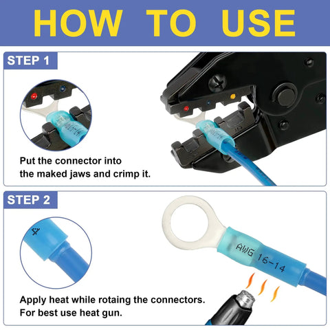 Instructions showing how to use Marine Grade Heat Shrink Wire Connectors Kit With 520 Pieces for electrical connections.