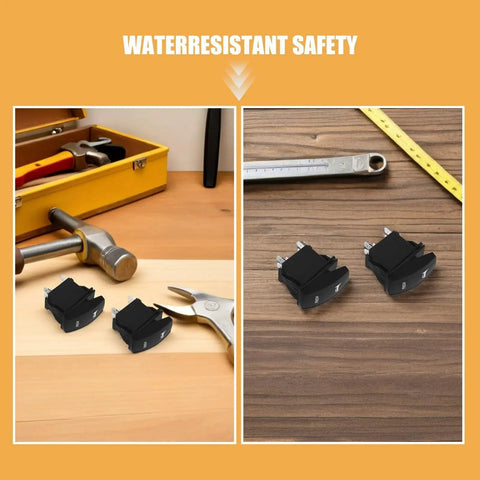 Two black push-button horn switches for boats; compact momentary switches with dual terminals.