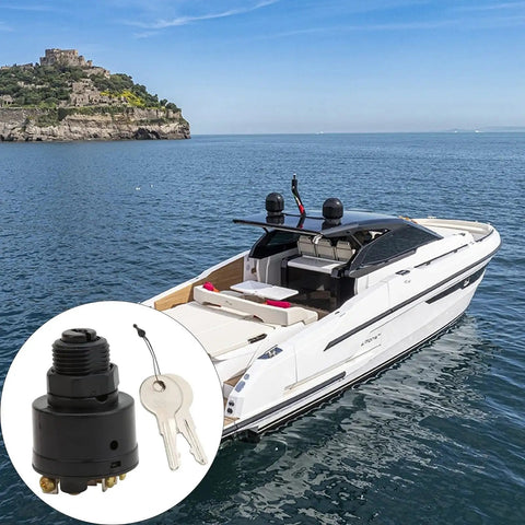 1 white motorboat on blue sea; inset shows 1 black locking device with two keys.