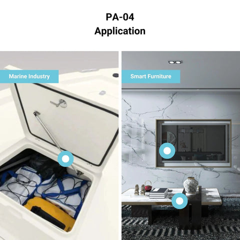 Progressive Automations PA-04 24V feedback linear actuator; collage shows marine hatch and smart furniture use