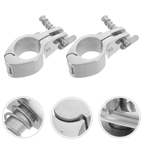 Two marine-grade stainless steel jaw-slide clamps for bimini canopy hardware (front view)