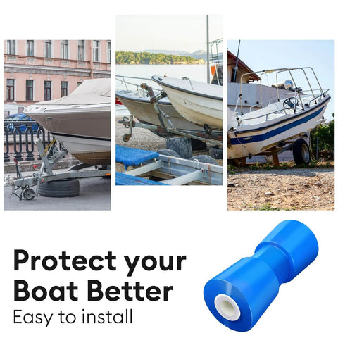 ✝️ 8" Heavy Duty Marine Keel Roller Blue Bow Roller Bow Stop for Boat Trailers shown with boats on trailers for smooth towing
