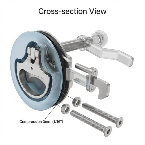 Cross-section view of marine grade 316 stainless steel boat cam latch set fits 52mm hole cutouts and 1/2 to 1 inch panels