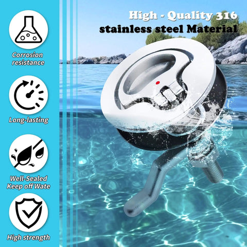 Marine grade 316 stainless steel cam latch with back plate and adjustable arm in water, corrosion resistant, mirror finish.