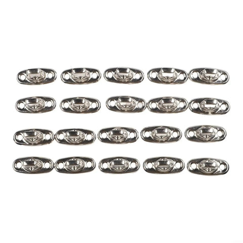 Top view of 20 silver marine-grade oval twist-lock fasteners with knob eyelets