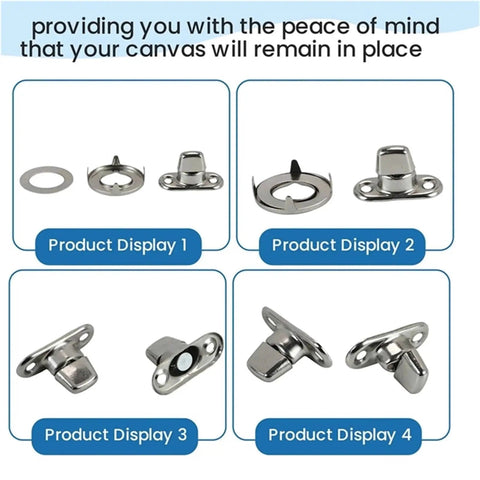 Twist Lock fasteners set for canvas, marine-grade stainless steel; 50 sets with turn buttons, rings and bases; Amazon.