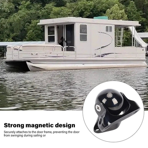 Boat on water with inset close-up of Luocute marine magnetic door stopper, 316 stainless steel door catch.