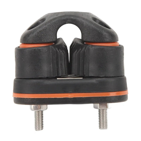 Front view: ball-bearing cam cleat for rope, heavy-duty black nylon with orange gasket and mounting bolts