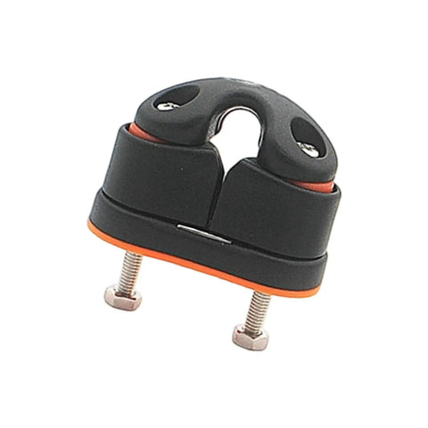 Nylon rope clamp cleat for marine use; black housing with orange base and two bolts