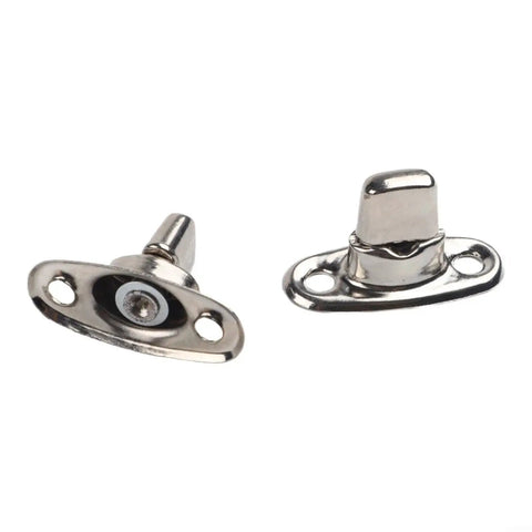 Pair of chrome marine-grade twist-lock fasteners with flange base and mounting holes, front and side views