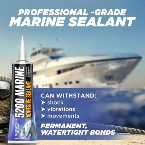 5200 Fast Cure Black Marine Sealant 3 Oz For Boats And RVs, tube with yacht background, marine adhesive use highlighted